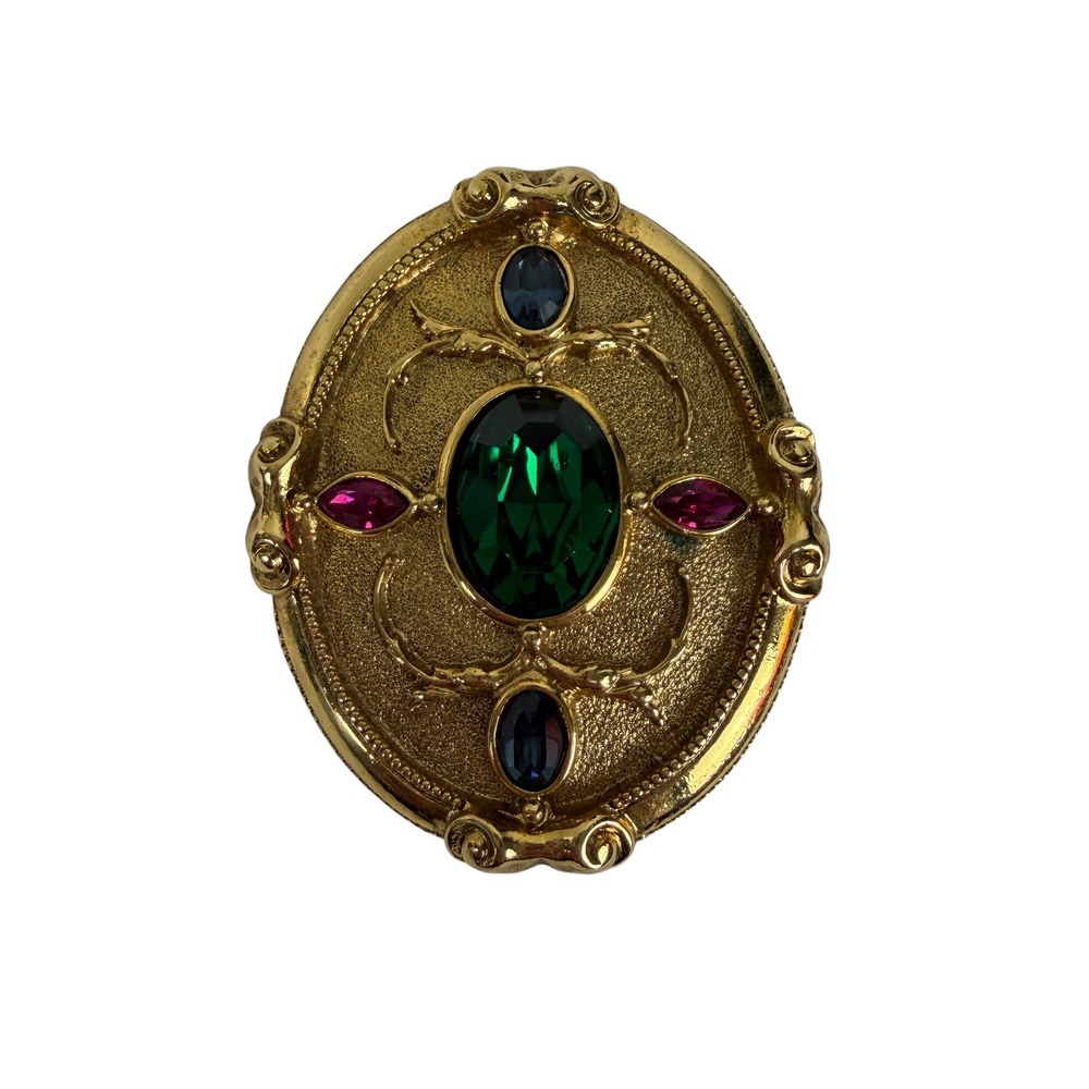 Vintage Gold Tone Emerald Green Magenta Blue Rhinestone Oval Brooch Pin Ornate